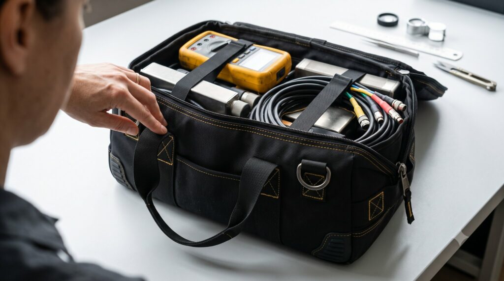 Industrial equipment bag carrying dense technical equipment, with clearly visible reinforced handles.