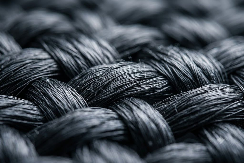 Extreme macro photograph of a black graphene-infused technical textile.