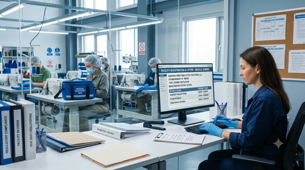 A compliance specialist at a computer reviewing a facility registration.