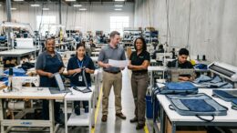 Team of manufacturing specialists standing together inside a clean, organized U.S. contract sewing facility.