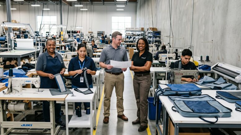 Team of manufacturing specialists standing together inside a clean, organized U.S. contract sewing facility.