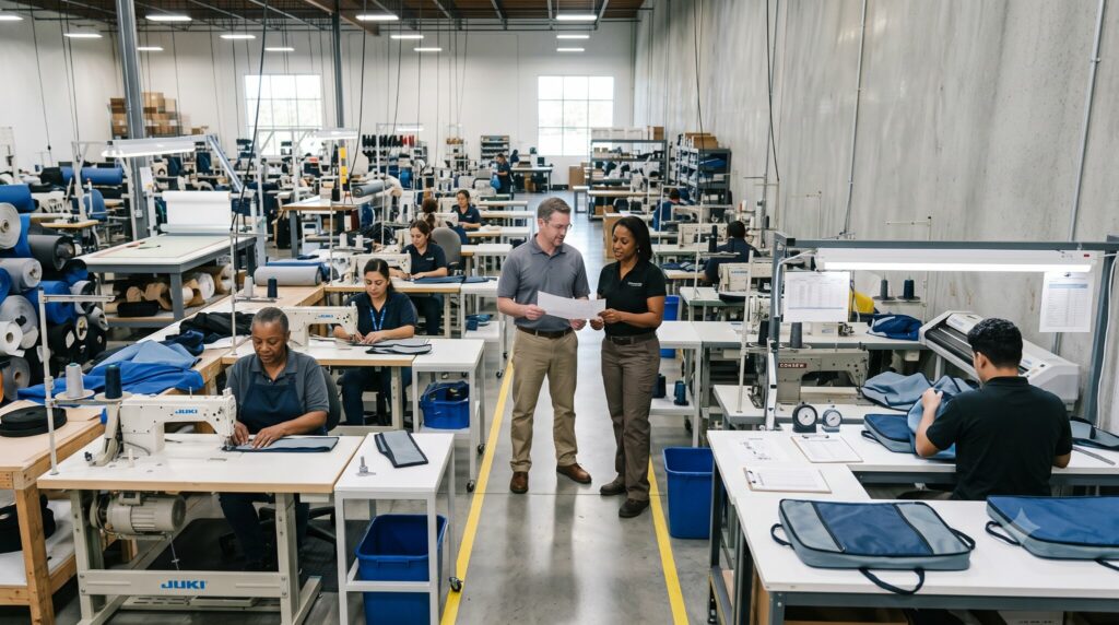 A clean, organized U.S. contract sewing facility producing soft goods.