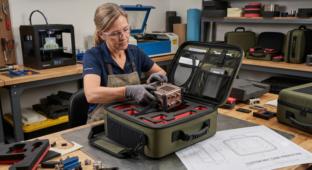 Technician placing a precision industrial device into a custom-padded carrying case.