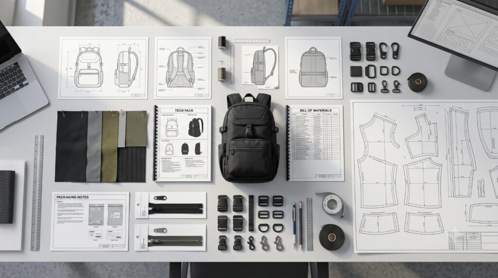Complete cut-and-sew RFQ package, including a tech pack, dimensioned product drawings, and CAD pattern sheets.