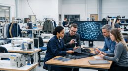 A team of engineers and manufacturing specialists examining a dark graphene fabric sample.