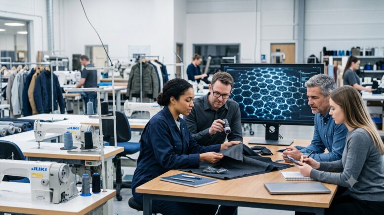 A team of engineers and manufacturing specialists examining a dark graphene fabric sample.