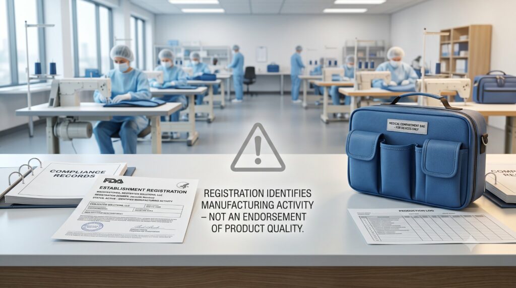 Facility registration document on one side and a medical sewn product on the other.