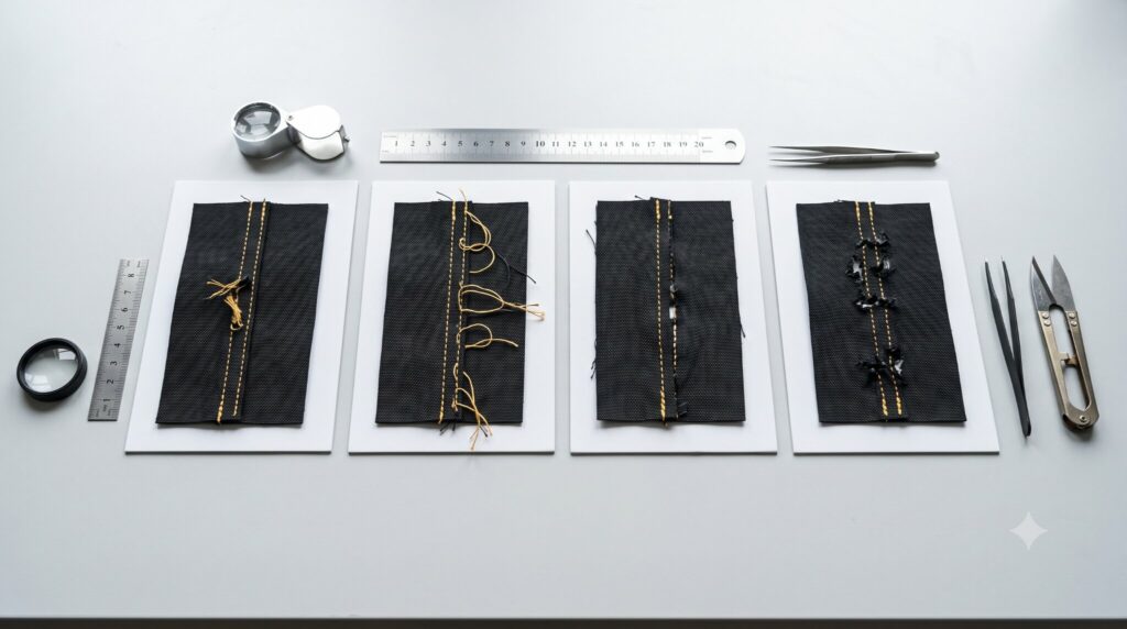 Four fabric seam samples demonstrating a different realistic failure mode.