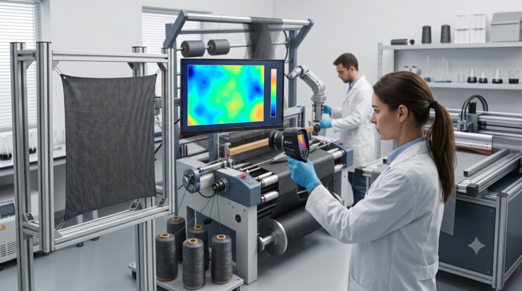 A textile engineer testing the heat-distribution performance of graphene fabric.