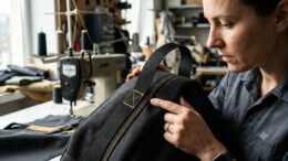 An engineer inspecting the reinforced seam of a heavy-duty industrial equipment bag.
