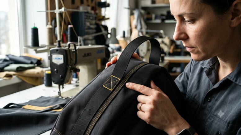 An engineer inspecting the reinforced seam of a heavy-duty industrial equipment bag.