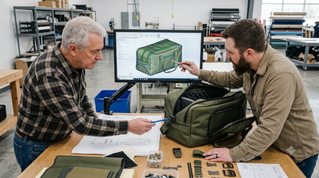 Industrial product designer and sewing engineer reviewing the construction of a carrying case.