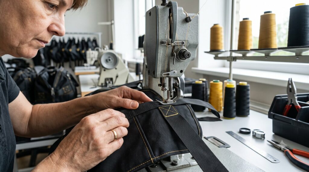 Experienced industrial sewing operator using a heavy-duty sewing machine to stitch thick webbing.