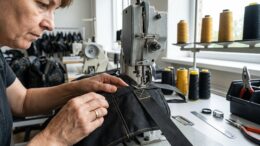 Experienced industrial sewing operator using a heavy-duty sewing machine to stitch thick webbing.