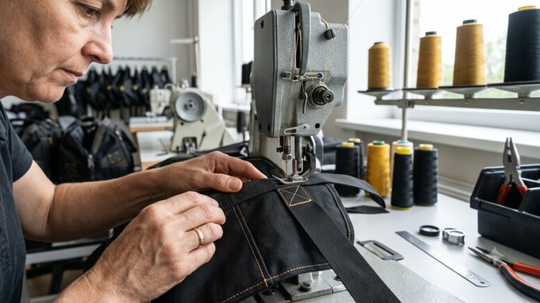 Experienced industrial sewing operator using a heavy-duty sewing machine to stitch thick webbing.