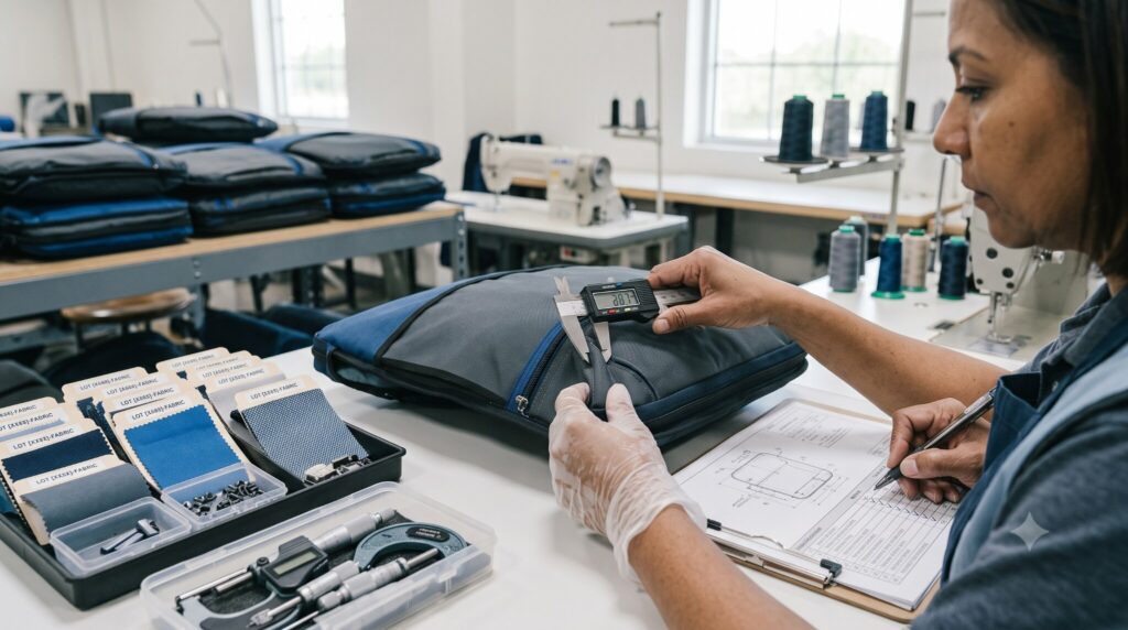 Medical soft goods quality inspector examining a finished equipment case.