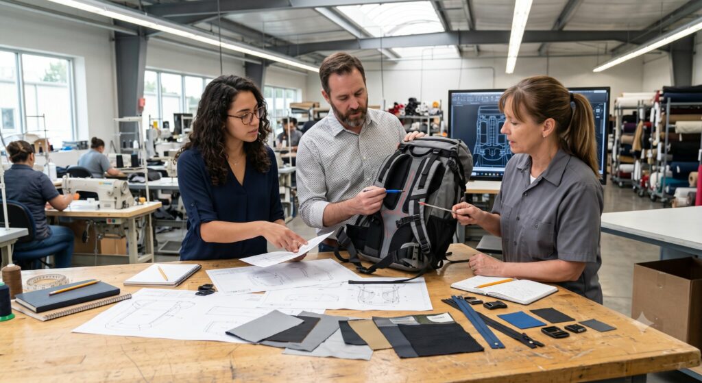 Collaborative design-for-manufacturability meeting between a product designer and engineers.