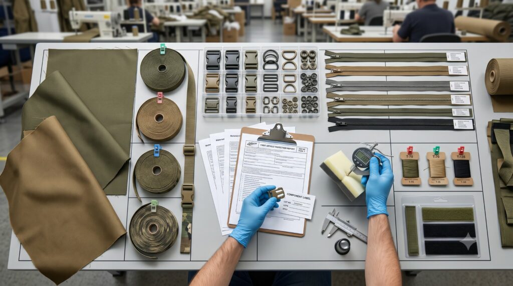 Overhead flat-lay of military-grade sewn-product materials being inspected for first article approval.