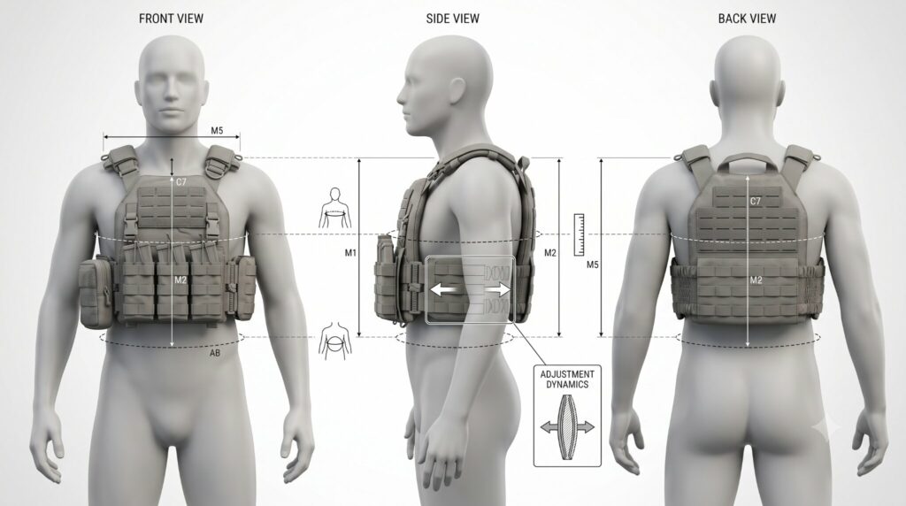 Front, side, and back views of a neutral human mannequin wearing a tactical vest.
