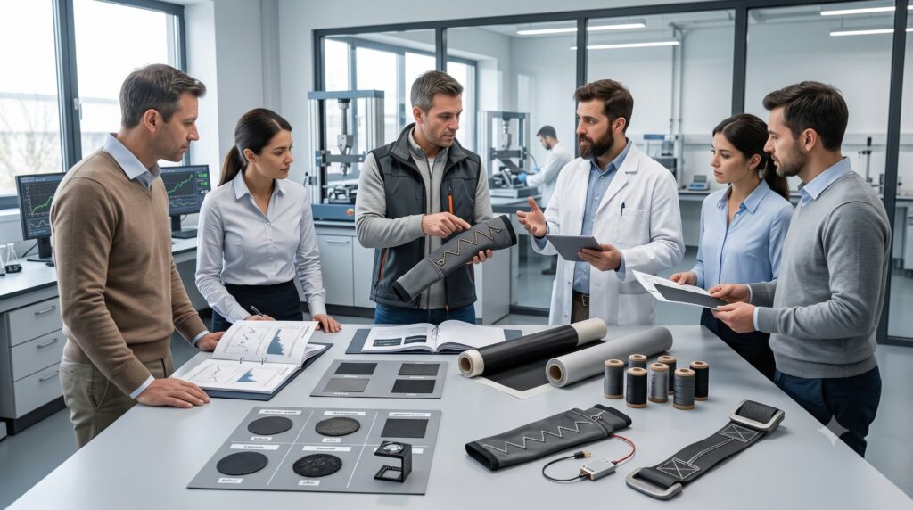 Procurement specialists and engineers reviewing graphene fabric samples.