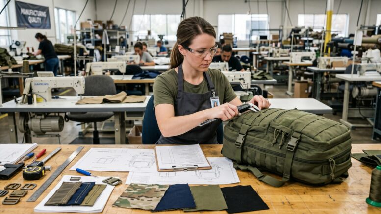 Quality-control specialist performing a first article inspection on a military tactical backpack.
