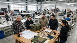 A team of experienced manufacturing specialists reviewing a custom industrial equipment bag.