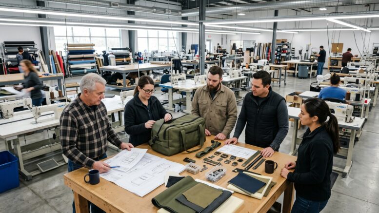 A team of experienced manufacturing specialists reviewing a custom industrial equipment bag.