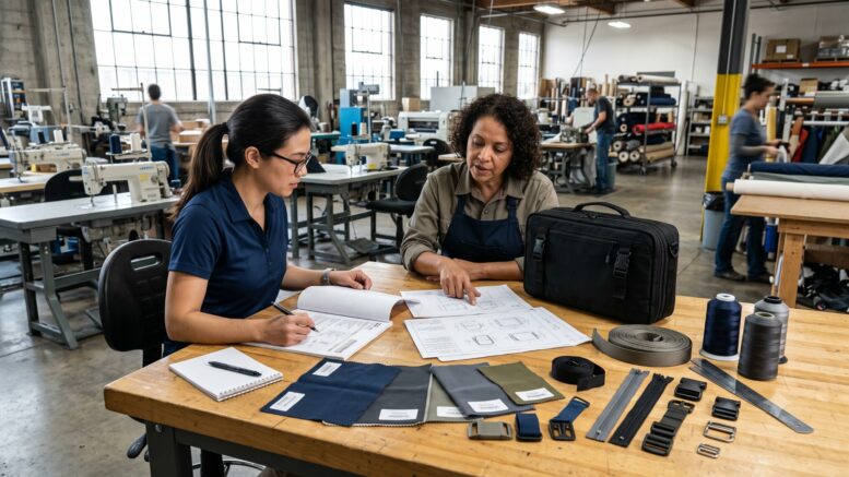 Wide-angle scene of a product engineer and a cut-and-sew manufacturing specialist reviewing a detailed request for quotation.
