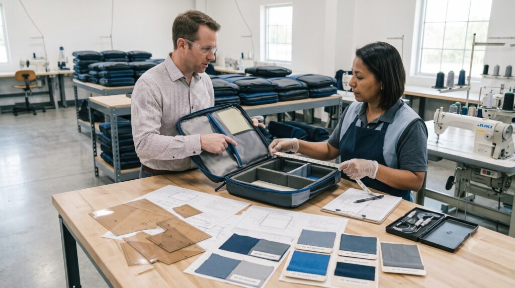 Product engineer and sewing technician reviewing an early prototype of a medical carrying case.
