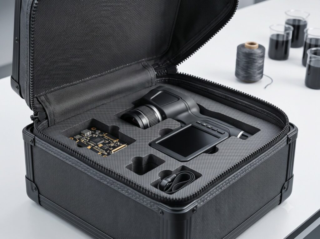 A rugged protective carrying case made from dark graphene-enhanced technical textile.