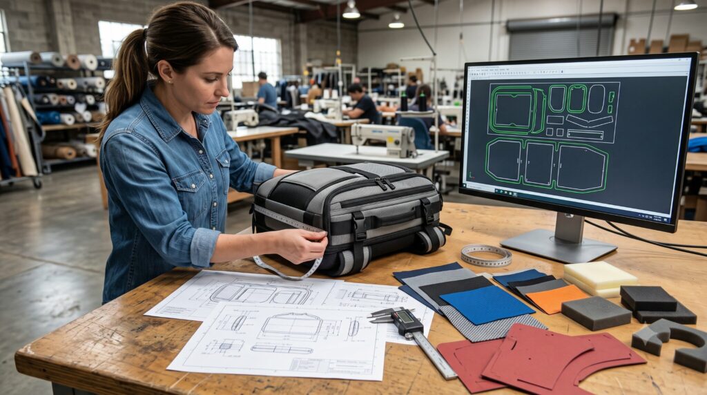 A soft-goods engineer developing a technical carrying-case design.