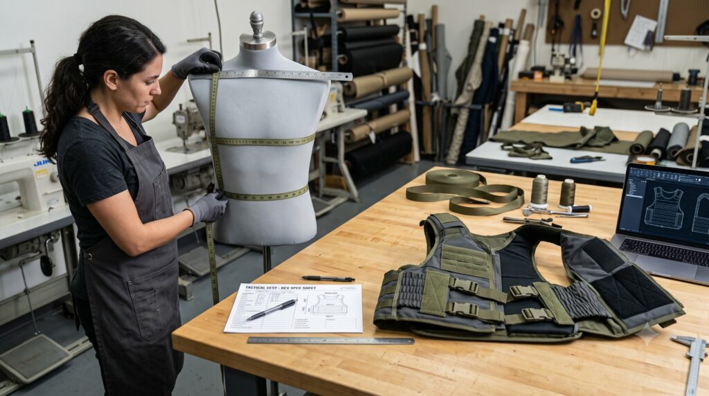 Soft-goods engineer measuring a mannequin’s chest, waist, torso length and shoulder width.