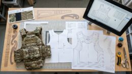 Overhead view of a soft-goods engineering workstation showing the progression from one base tactical vest pattern to a complete graded size run.