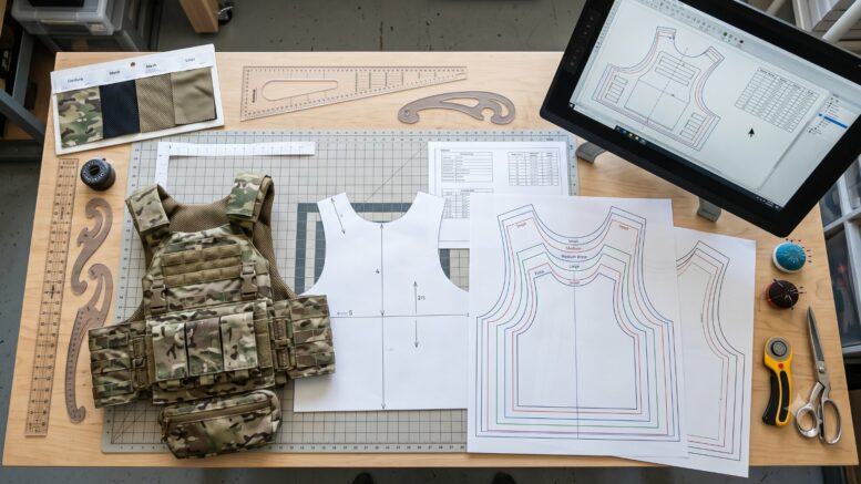 Overhead view of a soft-goods engineering workstation showing the progression from one base tactical vest pattern to a complete graded size run.