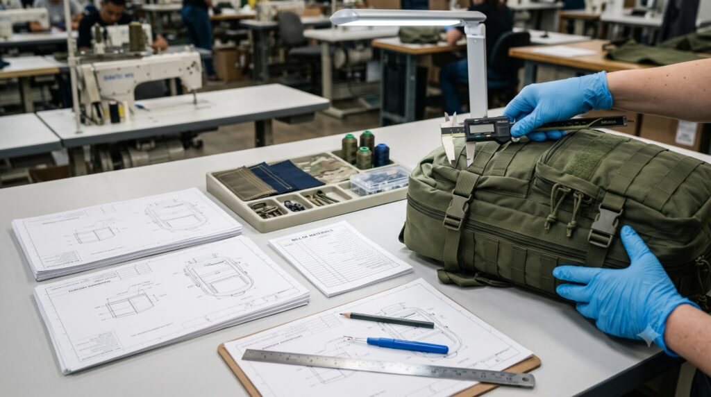 A production-representative tactical carrying bag placed beside technical drawings.