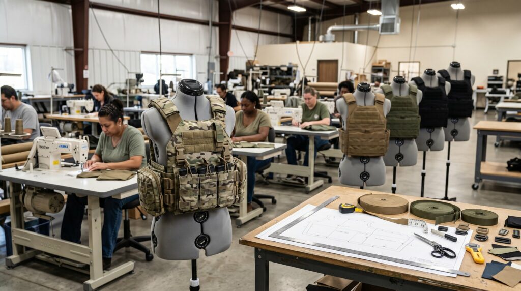 a tactical vest displayed in the foreground, several graded vest sizes arranged behind it.
