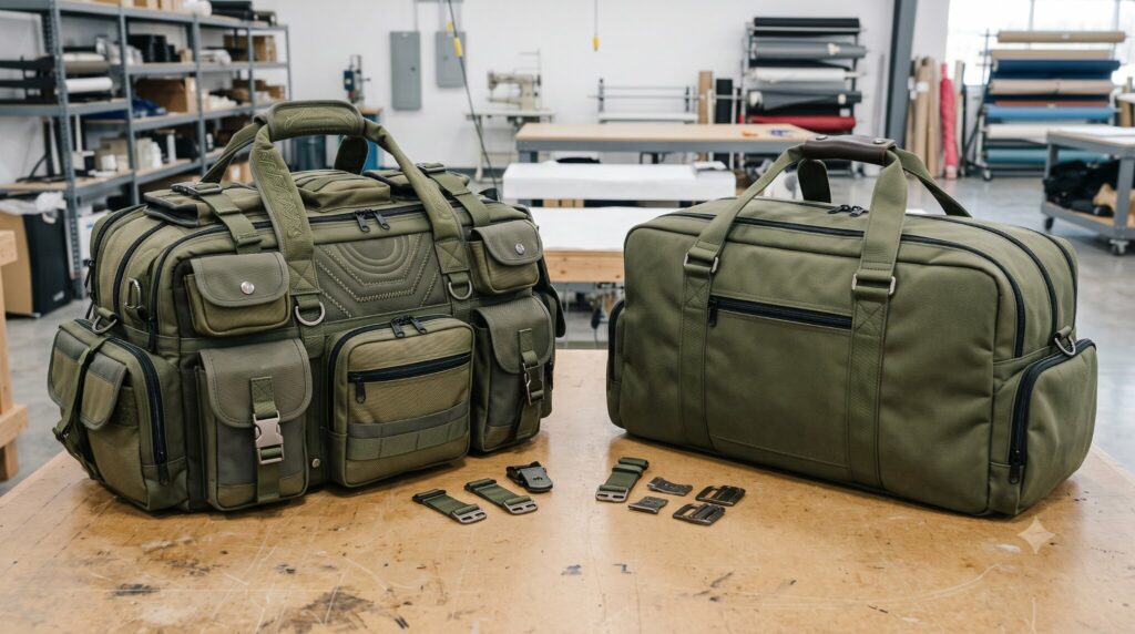 Side-by-side visual comparison of two custom equipment bags on a manufacturing table.