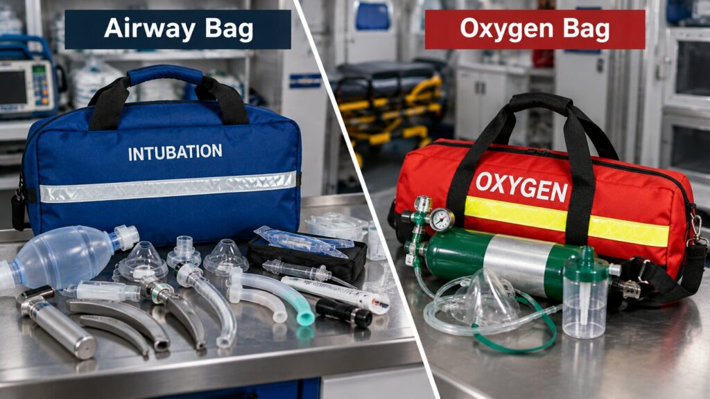 Airway bag and oxygen bag shown with specialized EMS equipment in a medical response setting