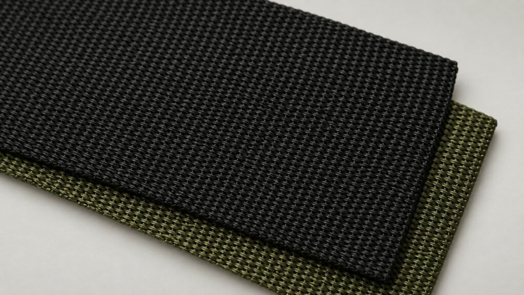 Close-up of black and olive nylon webbing, showing the dense woven texture used for heavy-duty straps
