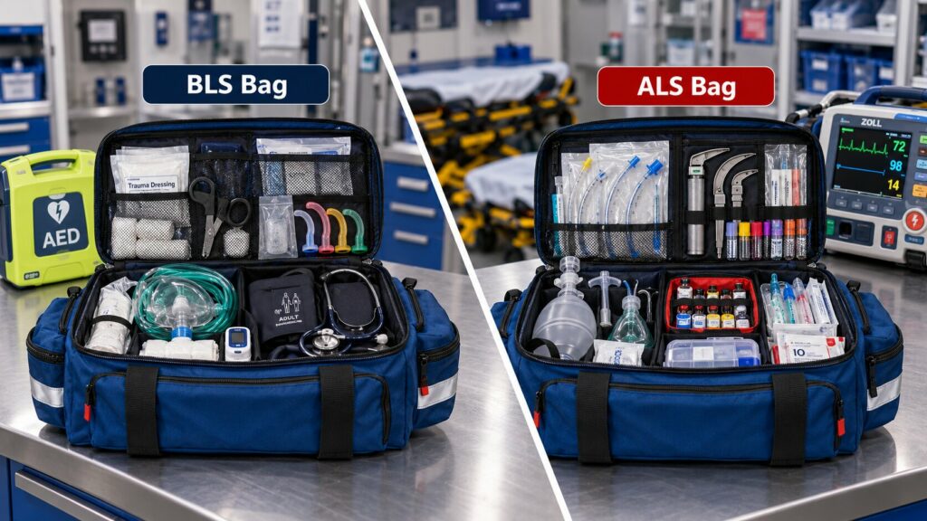 Split-screen comparison of a BLS bag and ALS bag showing different EMS loadouts in a clinical setting