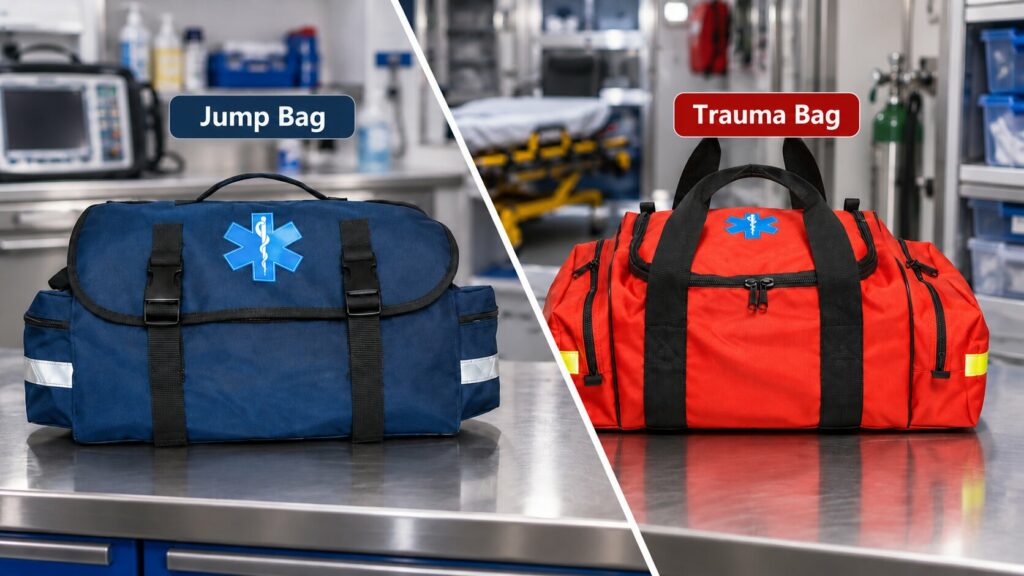 Split-screen comparison of a blue EMS jump bag and red trauma bag in a medical response setting