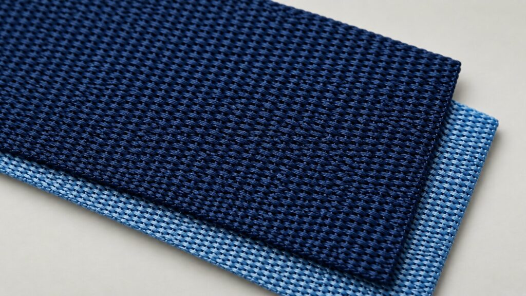 Close-up of dark and light blue polyester webbing showing the tightly woven synthetic strap texture