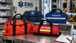 Four EMS bags arranged on a medical response station table, including trauma, oxygen, airway, and intubation bags
