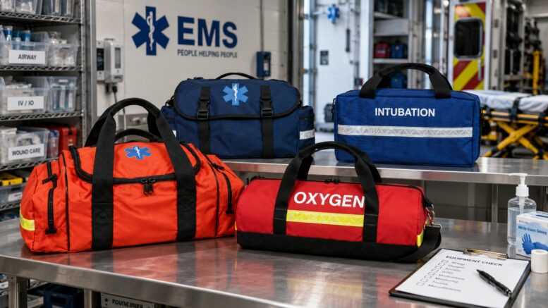 Four EMS bags arranged on a medical response station table, including trauma, oxygen, airway, and intubation bags