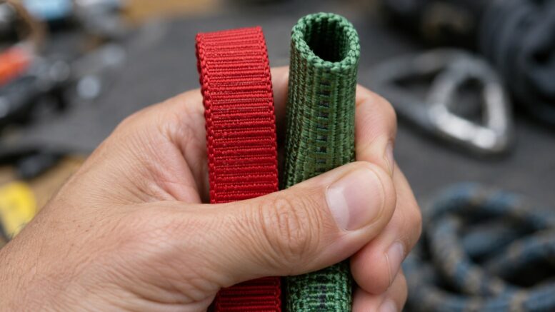 Close up shot of a hand clutching both flat and tubular webbing
