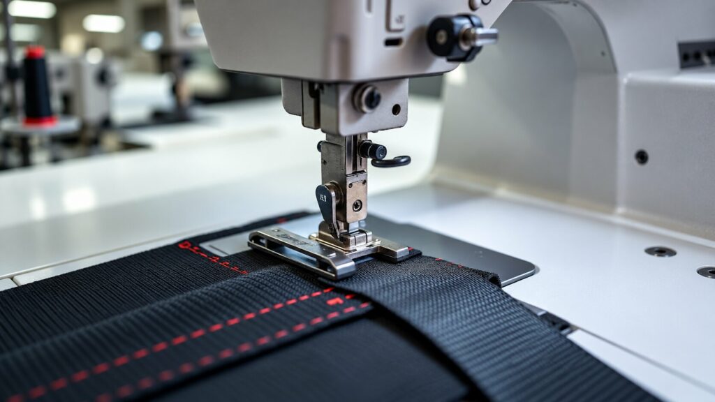 Close up of an industrial sewing machine working on an EMS bag webbing