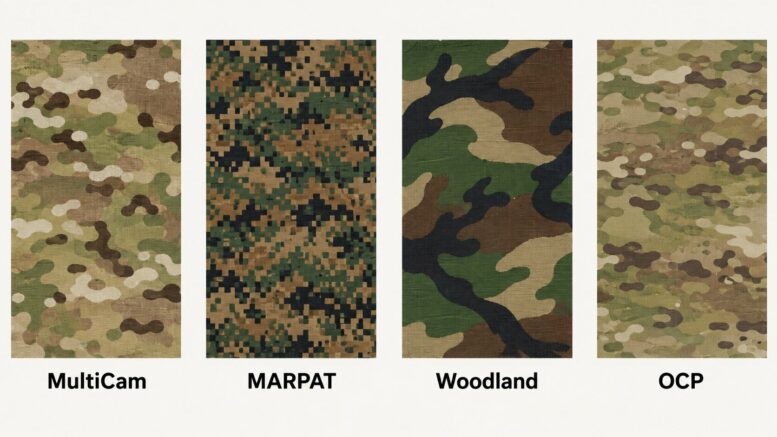 military camo patterns, including MultiCam, MARPAT, Woodland, and OCP