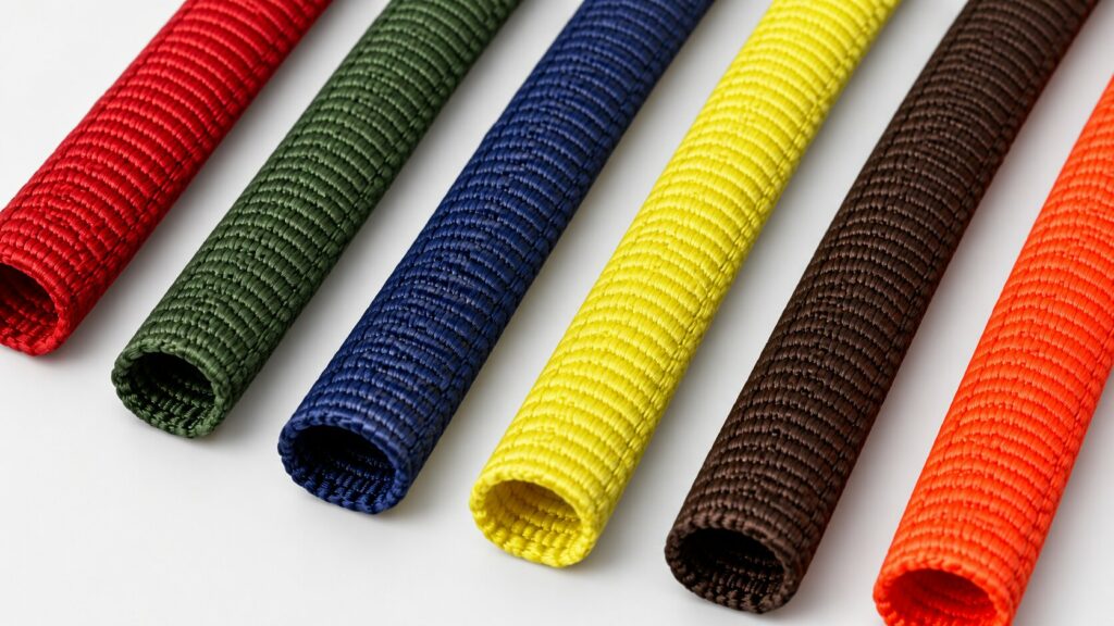 A range of tubular webbing laid flat, in various colors