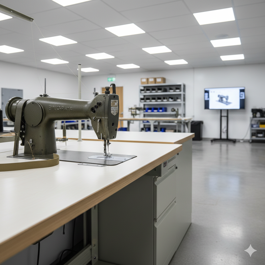 Industrial heavy-duty sewing machine in a modern manufacturing space