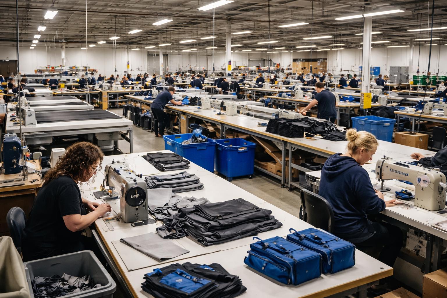 US-based cut and sew manufacturing floor with operators sewing textile components on industrial machines